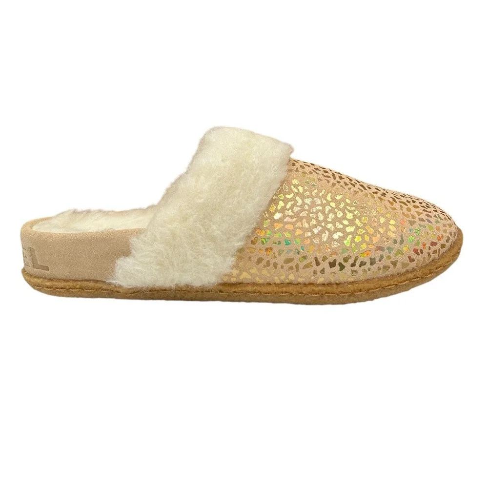 SOREL Nakiska Youth Girls Faux Fur Slippers Size 2 Tan- Gold Animal‎ Print Warm